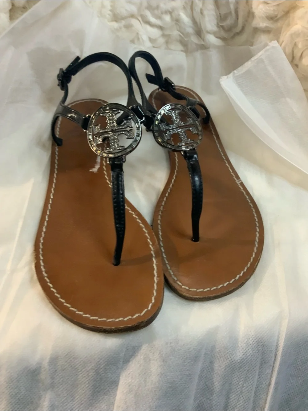Tory Burch Black Leather Logo Thong Sandals with Tan Footbed